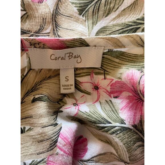 Coral‎ Bay Size Small Hawaiian Print Pullover Linen Blouse White w/ Pink Flowers - Picture 5 of 6